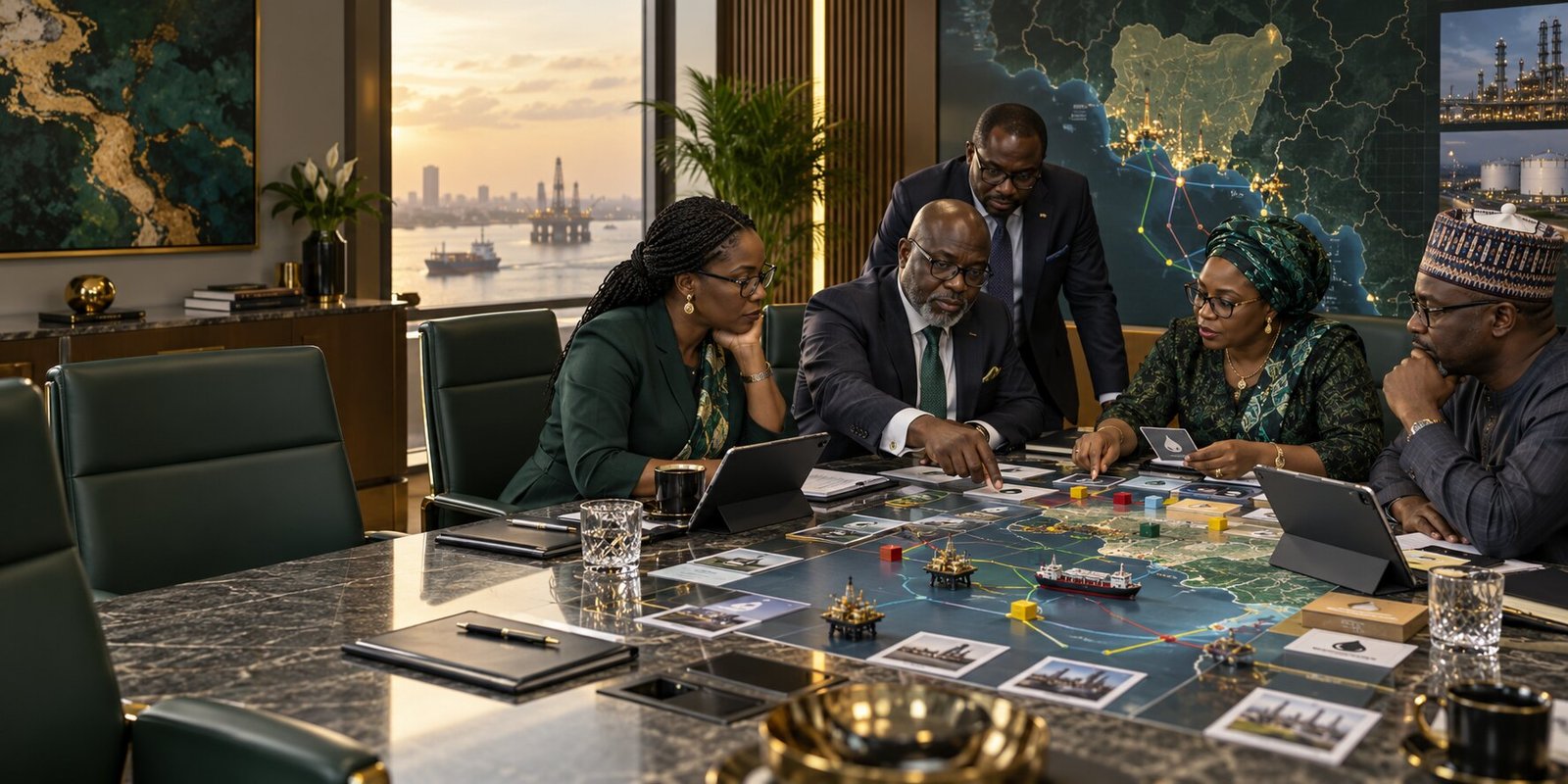 Executives collaborating in an energy-sector simulation workshop