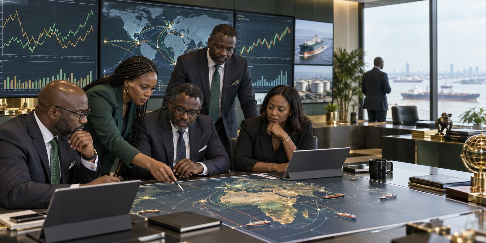 Energy trading team reviewing market information and shipping routes